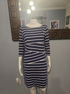 J. McLaughlin Navy and White Asymmetrical Stripe Sheath Dress